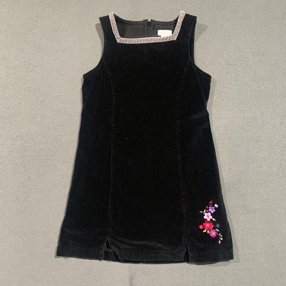 Y2K Children's Place Black Velvet Dress Girls 10 Floral Embroidery Square Neck